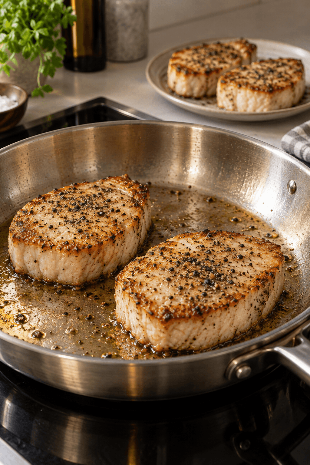 To sværdfiskesteaks steger med peberskorpe, mens to gyldne steaks hviler