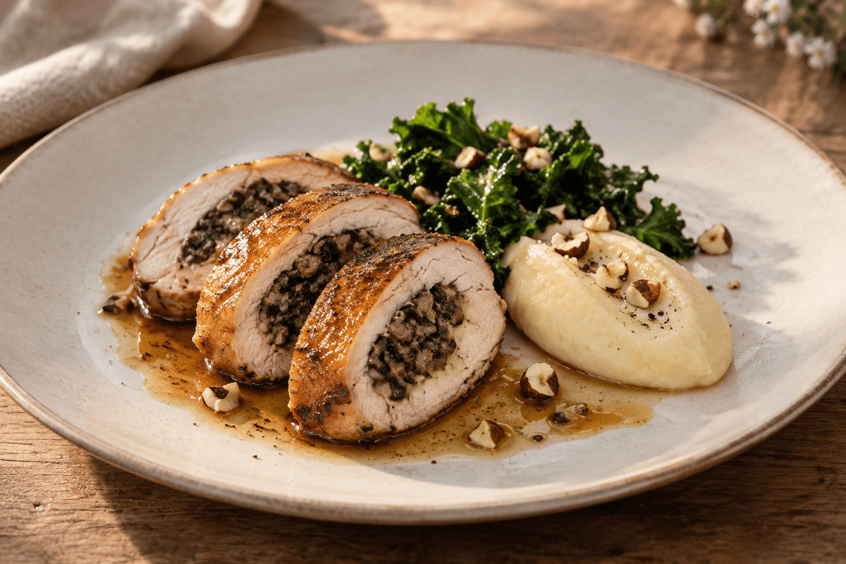 Fyldt perlehønebryst med champignonduxelles, pastinakpuré, grønkål og ciderjus