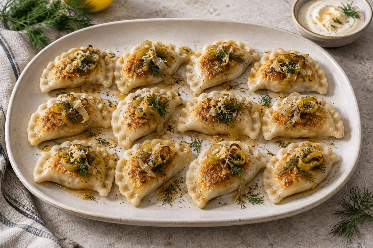 12 pierogi med kartoffel, karamelliseret porre, rygeost, dild og citroncreme