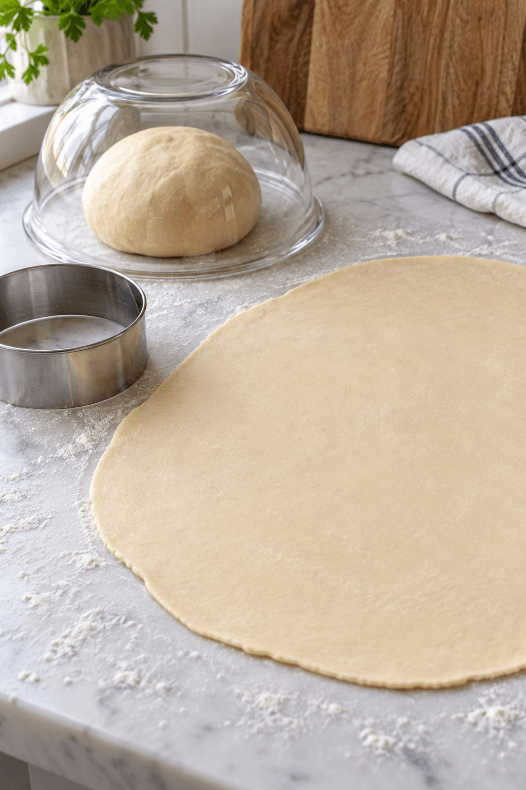 Glatt pierogidej hviler under glasskål ved siden af en 2 millimeter tynd dejplade