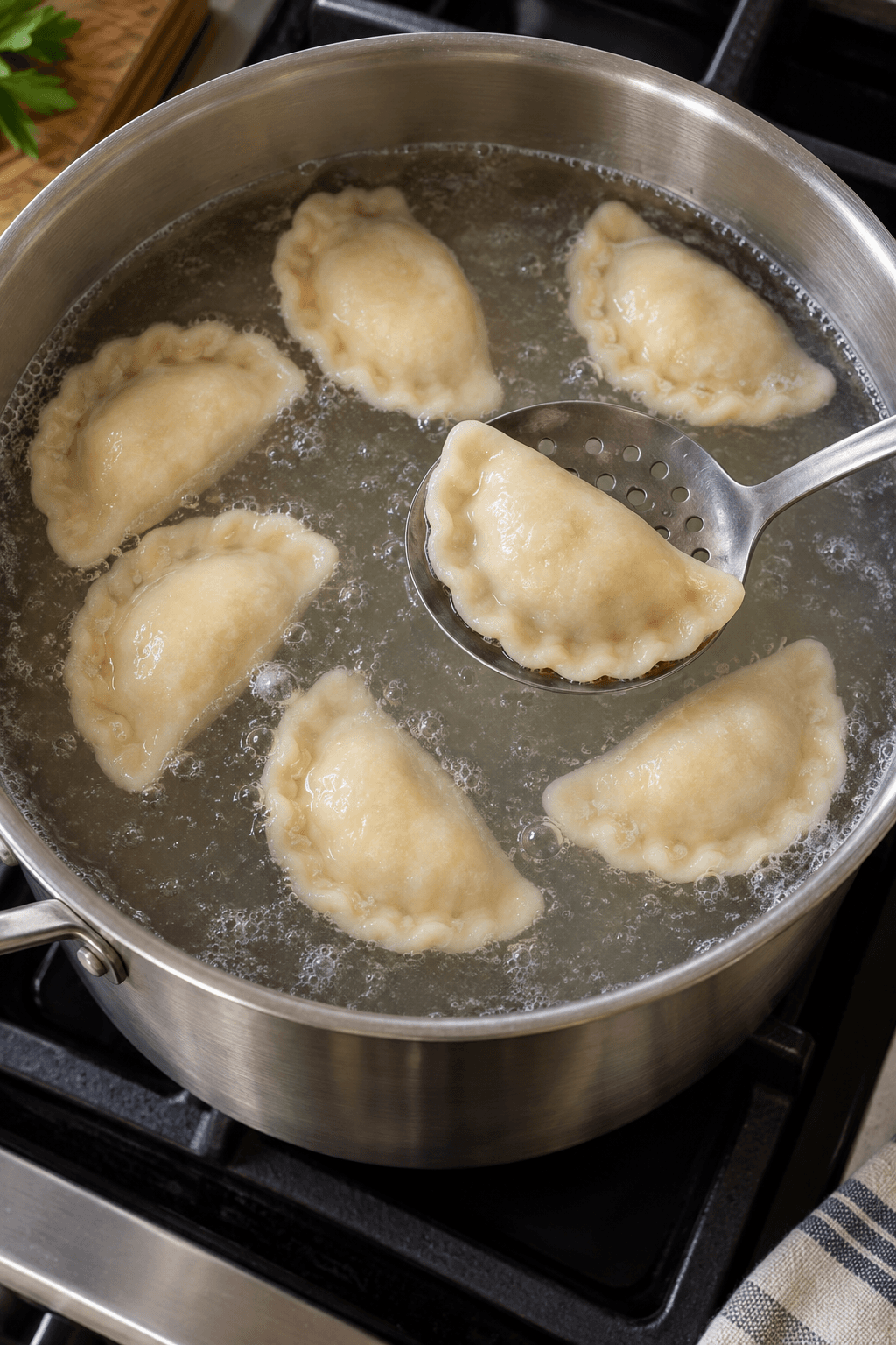 Otte pierogi flyder i roligt kogende vand, mens én løftes med hulske