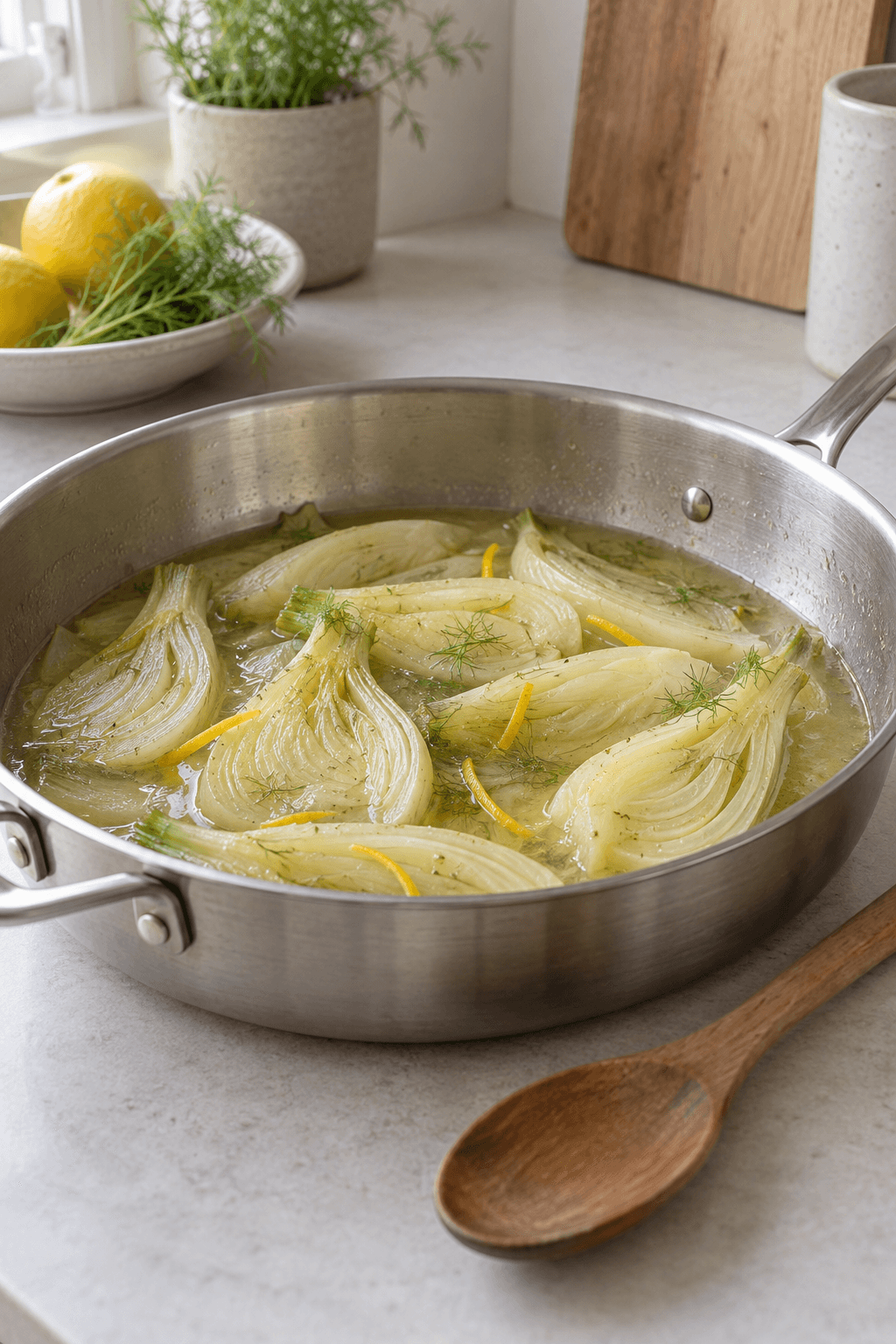 Tynde fennikelbåde braiserer i klar bouillon med citronskal i én sauterpande