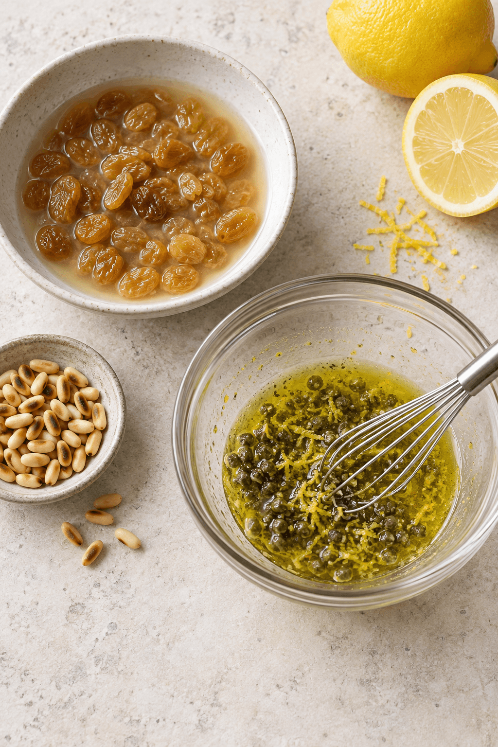 Rosiner udblødes, mens citron-kapersdressing piskes