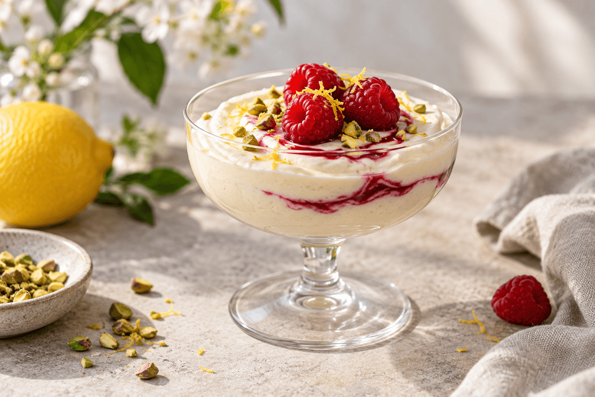 Proteinrig yoghurtmousse med citron, hindbærripple og pistacie