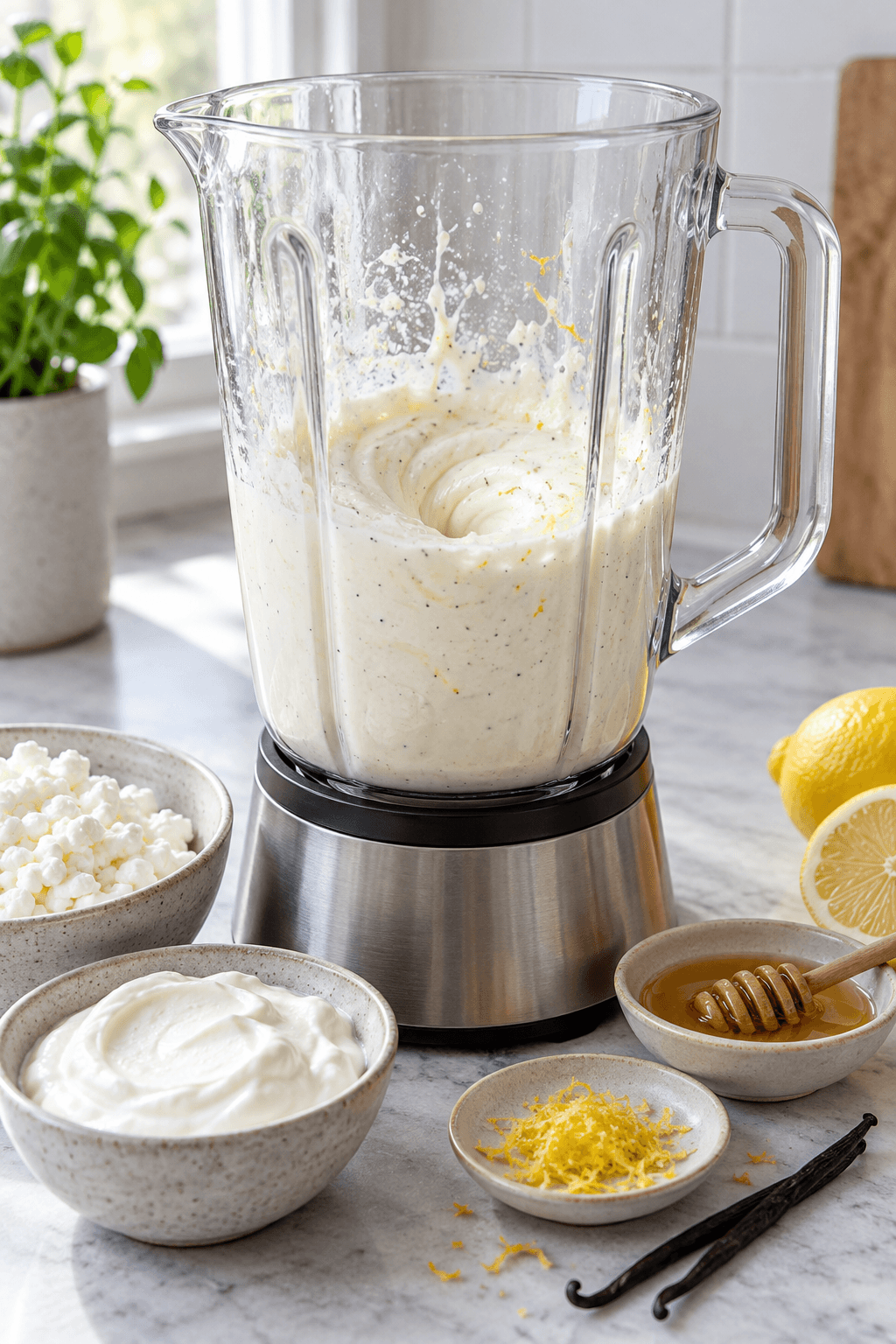 Hytteost, skyr, citron, vanilje og honning blendes til en glat yoghurtbase