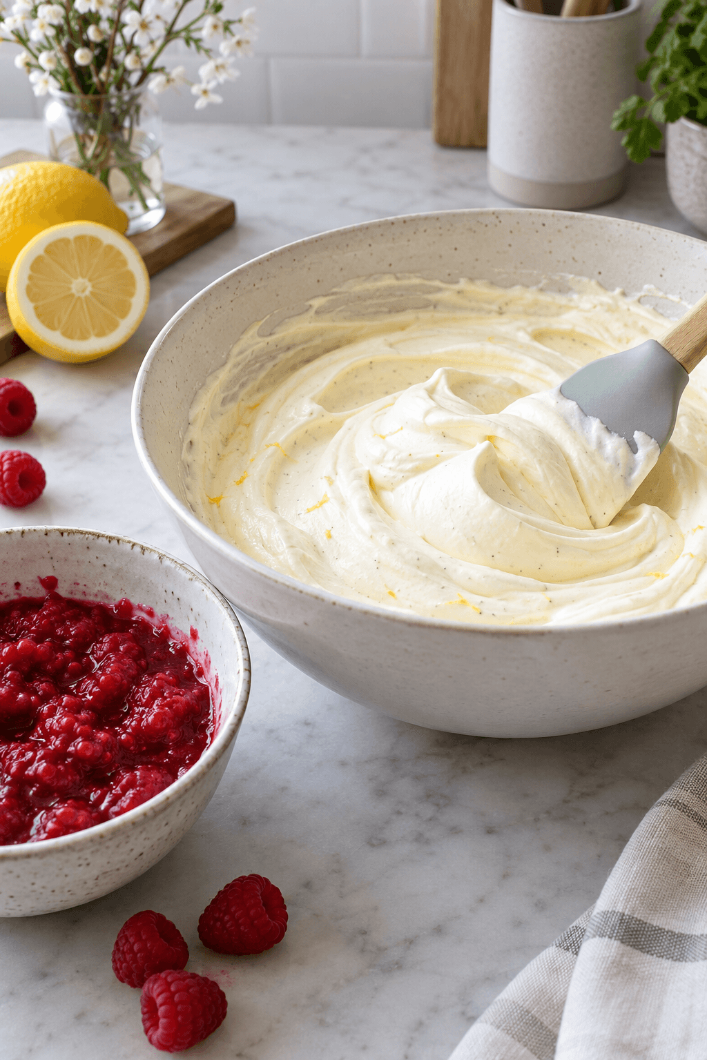 Luftig citron-yoghurtmousse foldes sammen med groft knuste hindbær
