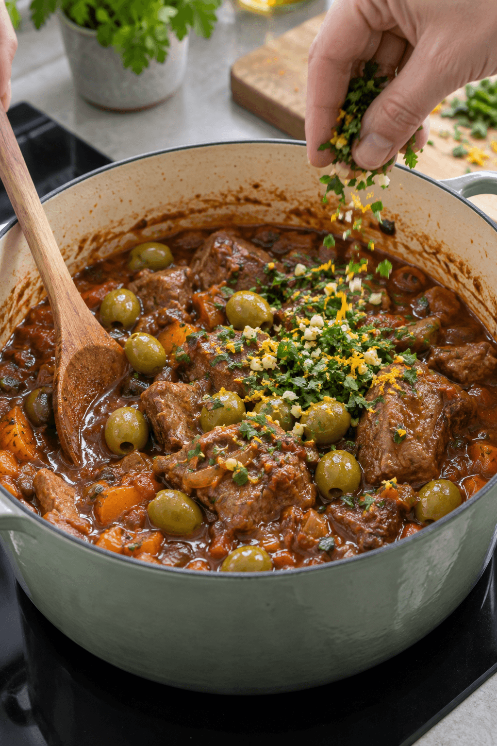 Grønne oliven og appelsin-persillegremolata tilsættes den færdige kalvegryde