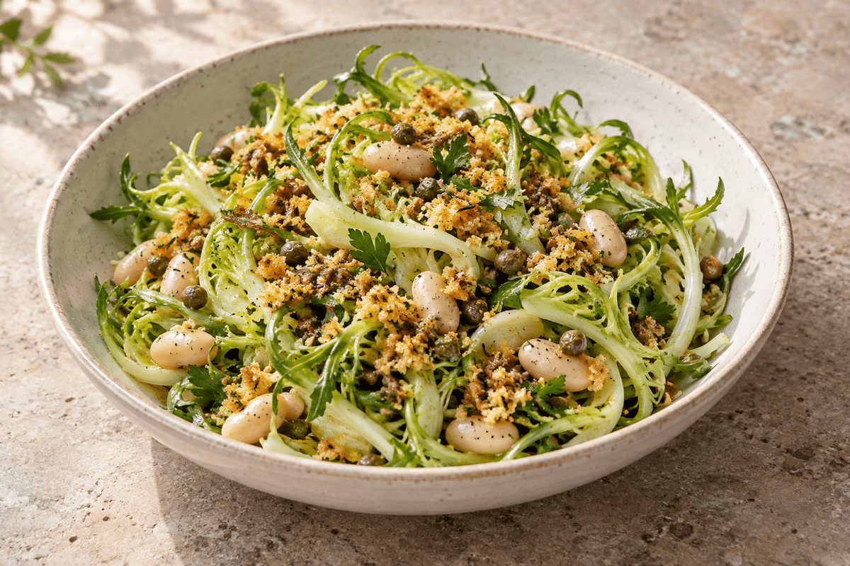 Puntarelle med cannellinibønner, ansjos-citrondressing og gylden rosmarinpangrattato