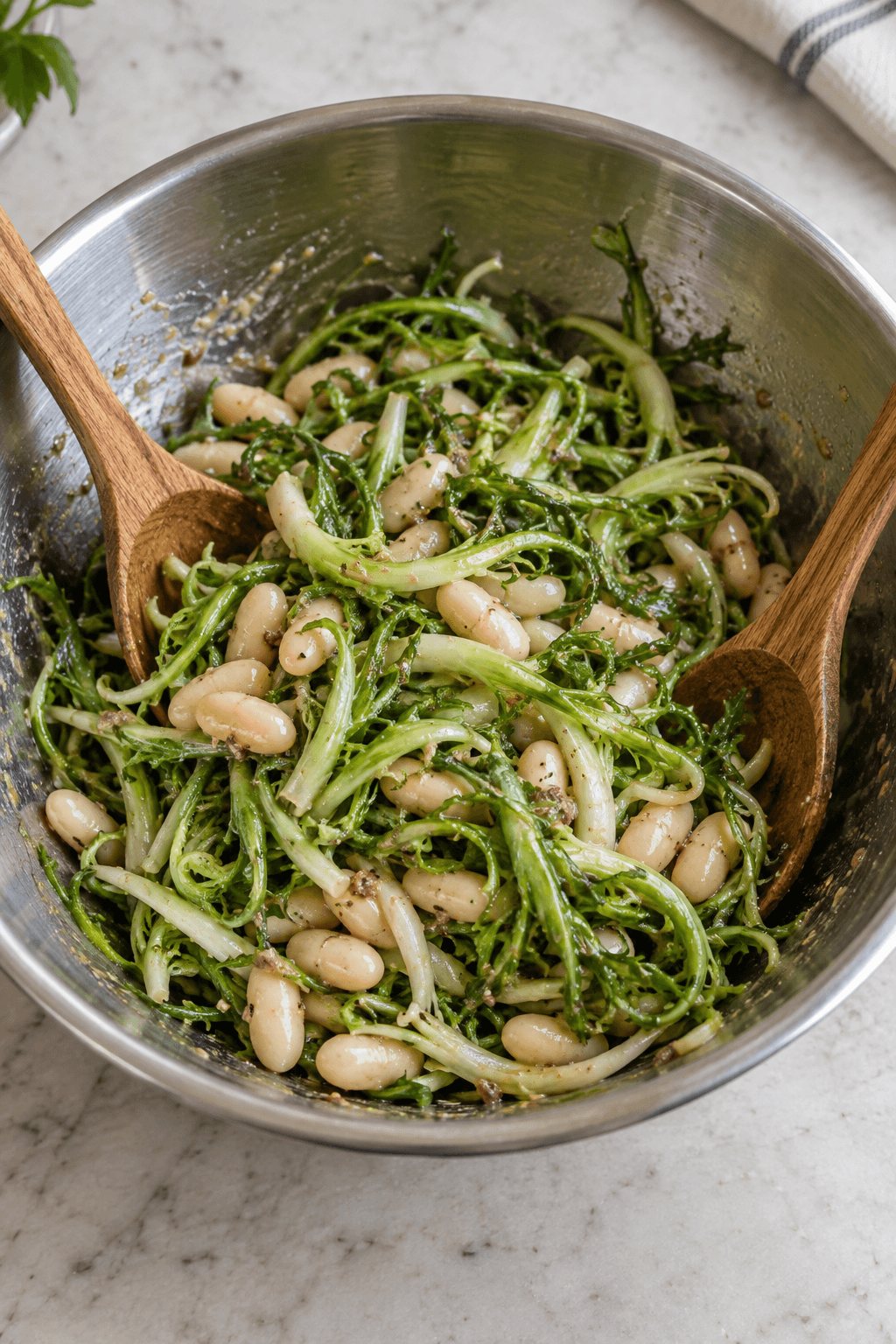 Tør puntarelle og cannellinibønner vendes med ansjos-citrondressing i én skål