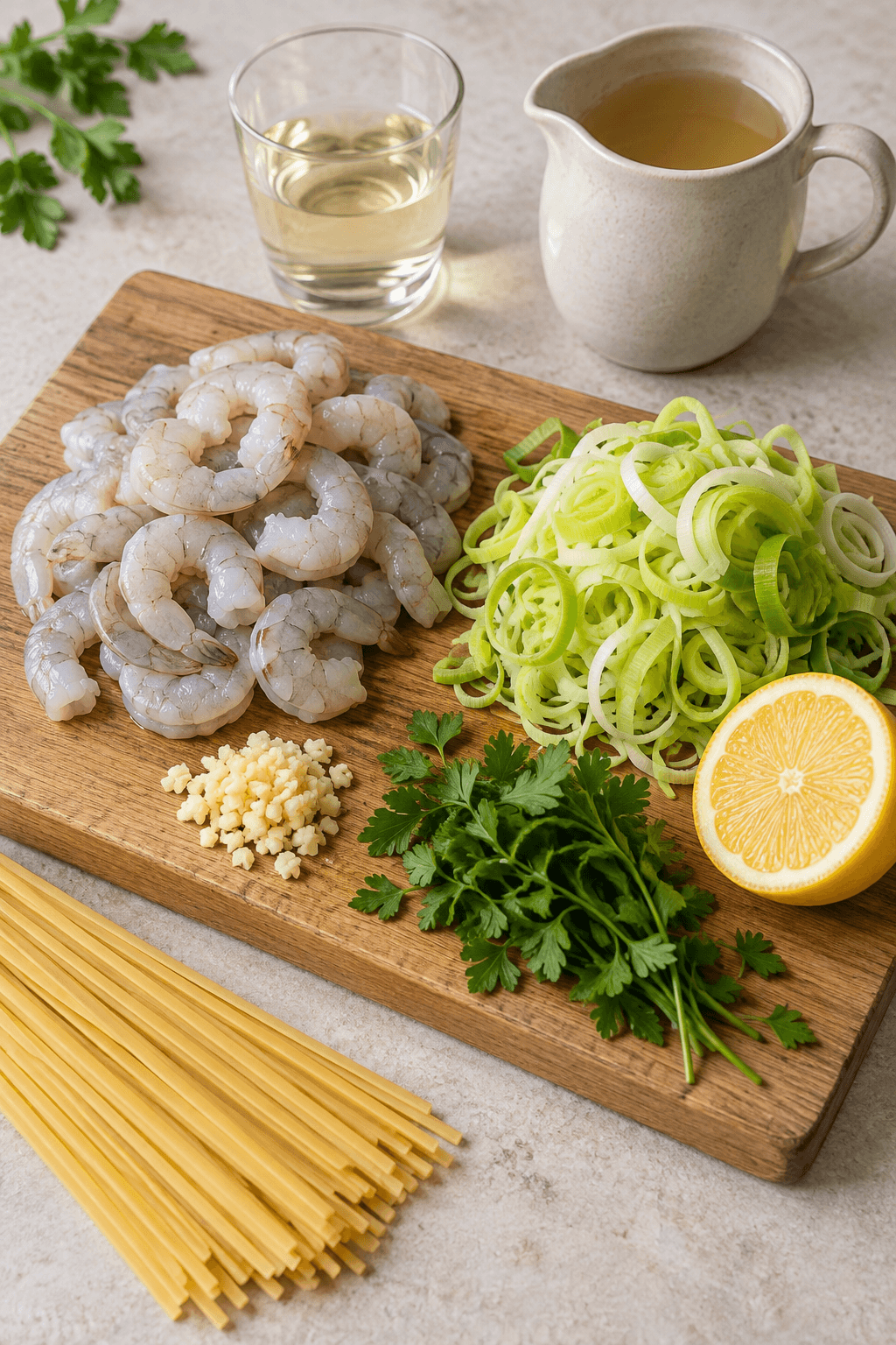 Rejer, porrer, linguine, citron, hvidvin og bouillon klargjort
