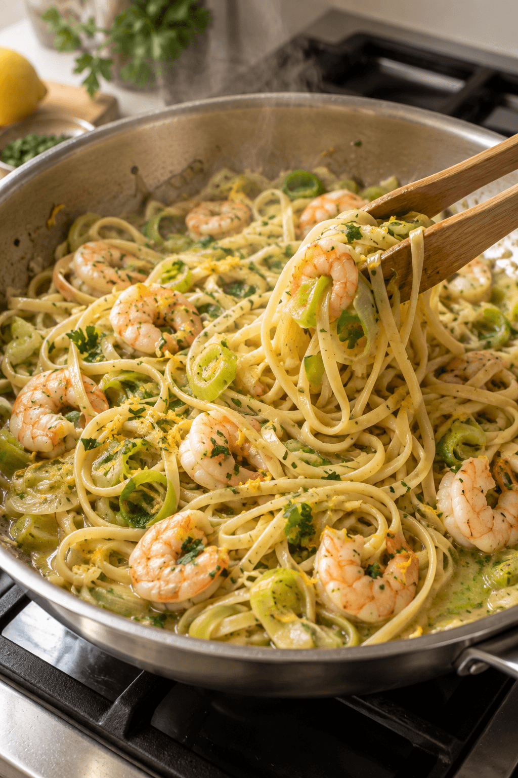Linguine, rejer og porrer vendes blanke i hvidvinssaucen