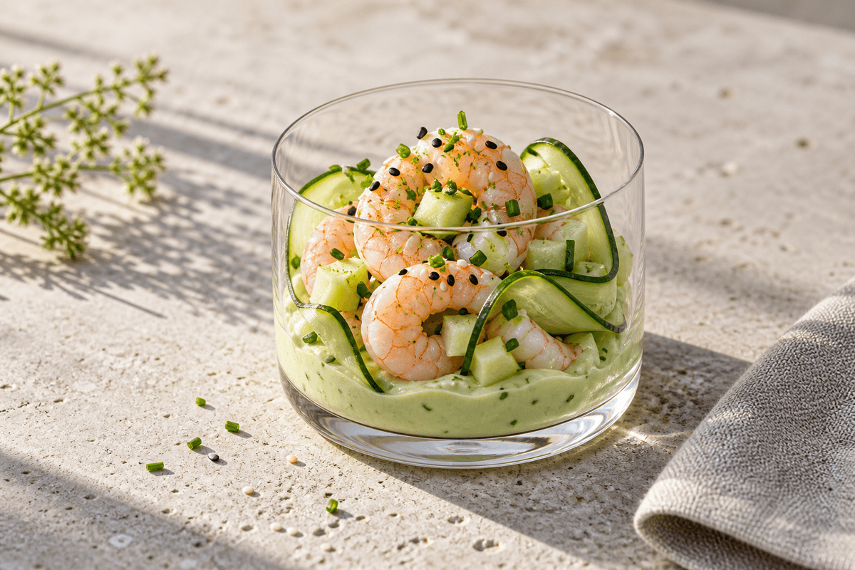 Rejecocktail med kogte rejer, agurk, æble og lysegrøn wasabi-creme
