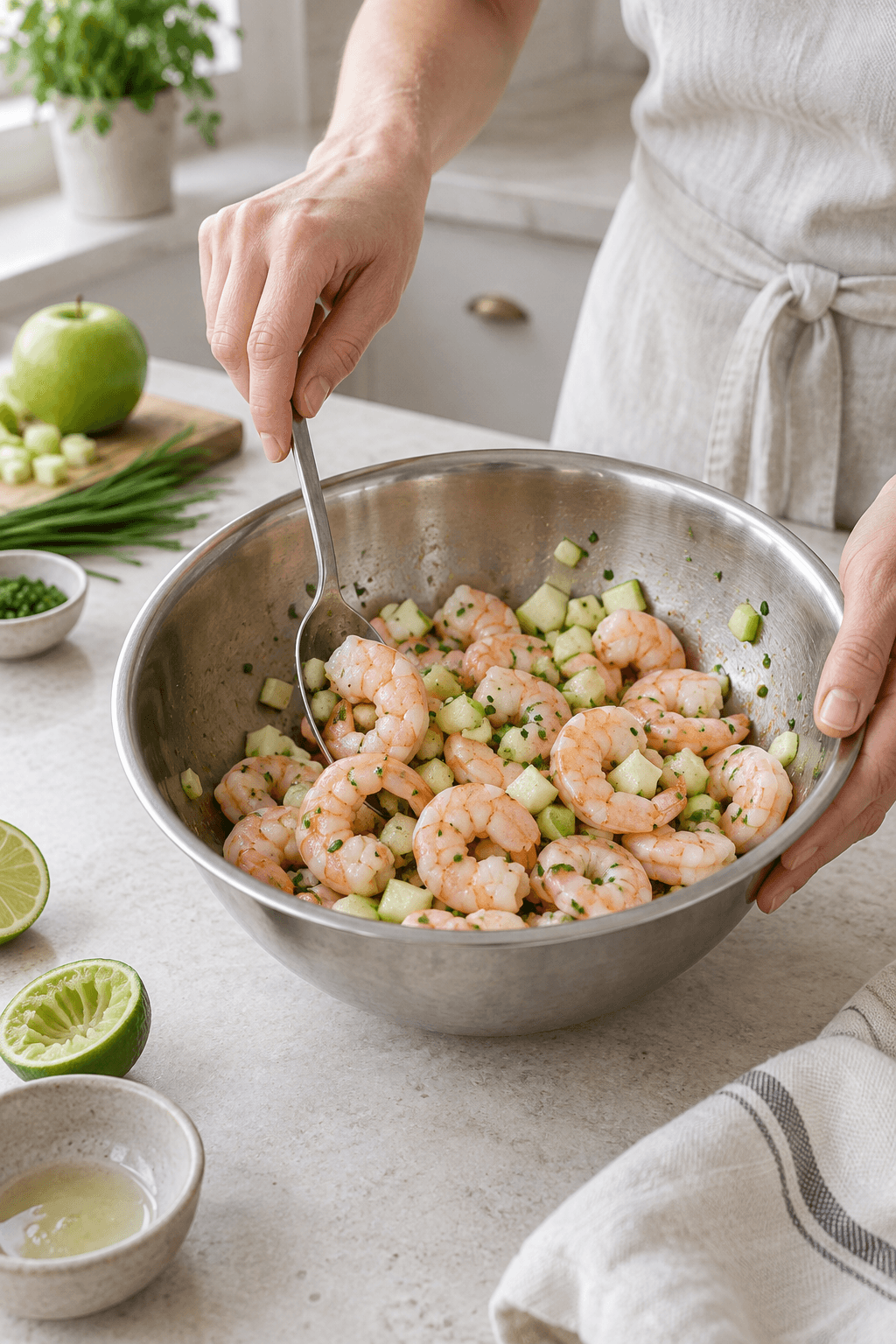 Kogte rejer vendes med grønt æble, lime og purløg