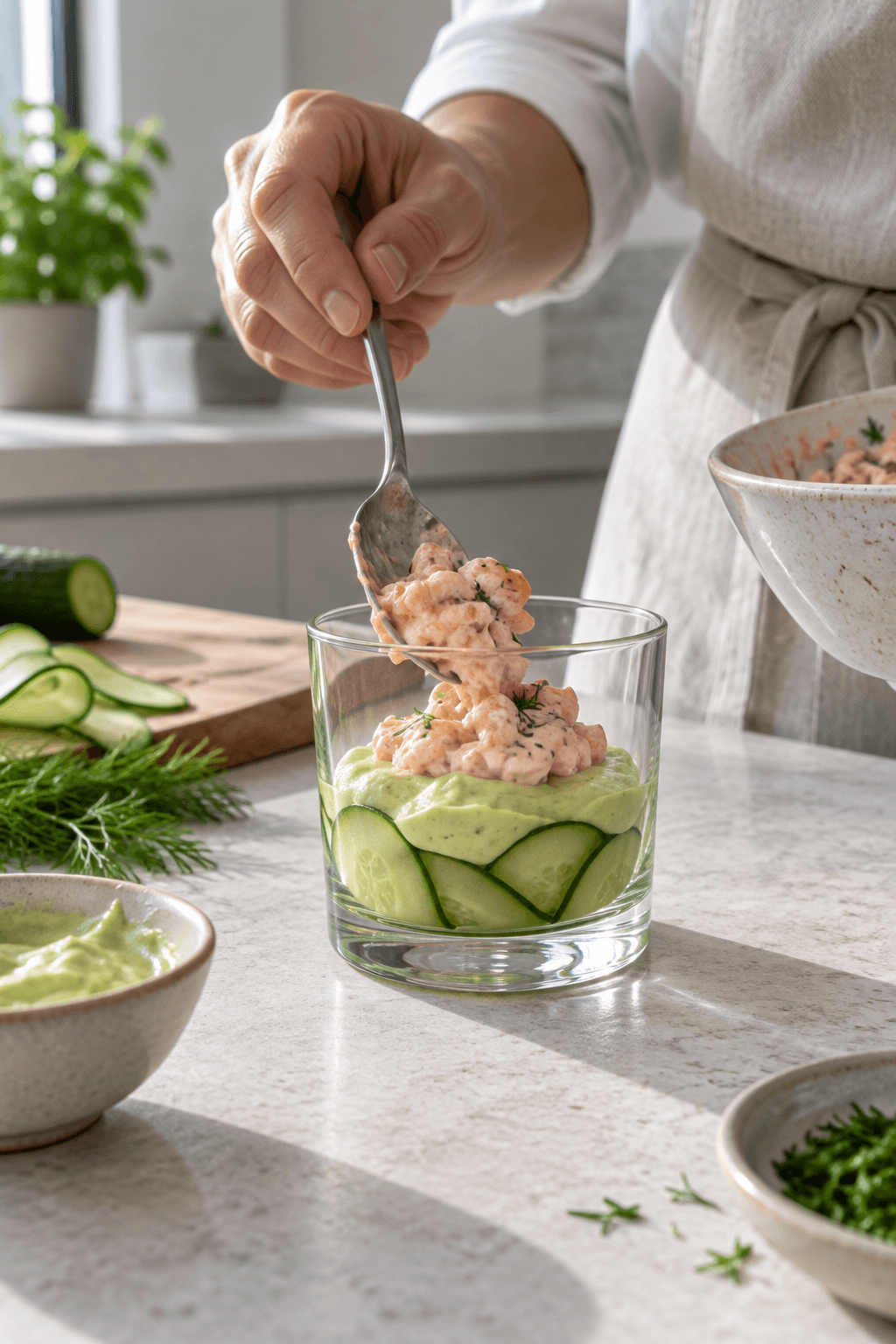 Et glas samles med agurk, wasabi-creme og kogte rejer