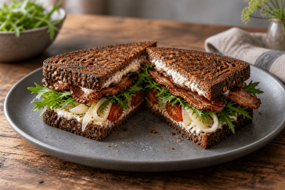 Ristet rugbrødssandwich med ahornbacon, mælkebøtte, ovntomater, fennikel og peberrodscreme