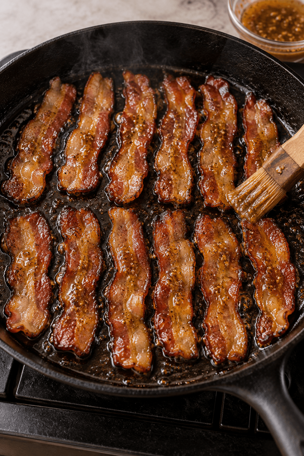 Tolv baconskiver pensles med ahorn-sennepsglaze i én pande