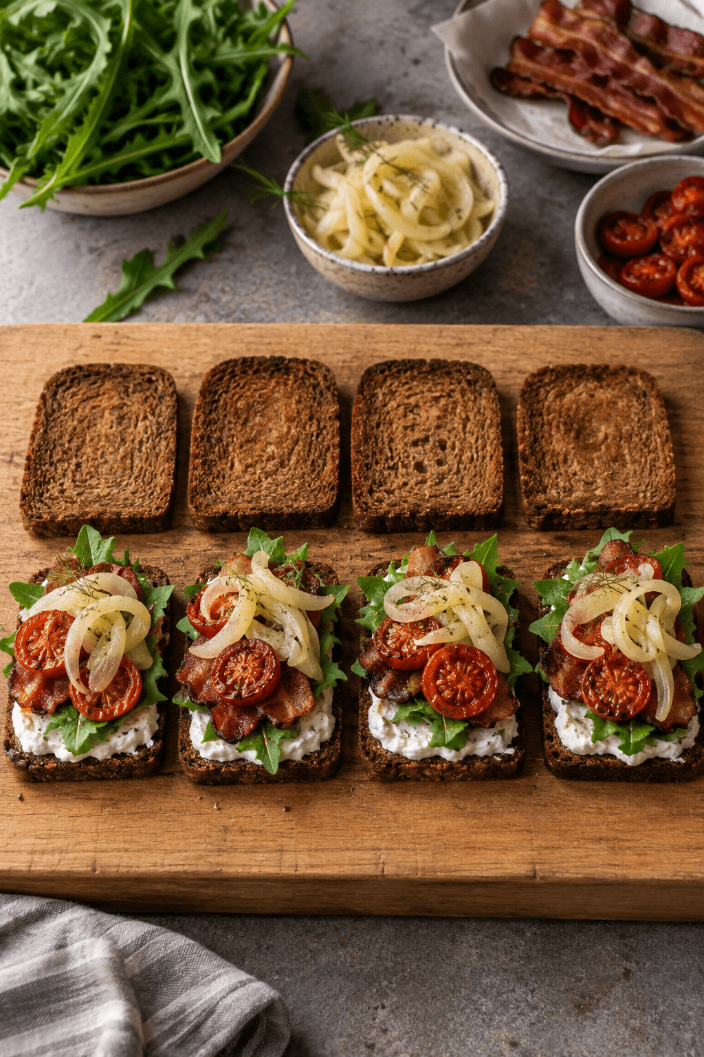 Fire rugbrødsbunde samles med creme, mælkebøtte, bacon, ovntomat og fennikel