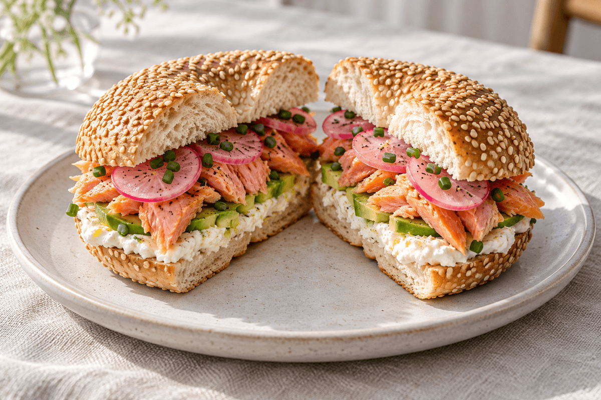 Ristet sesambagel med citronricotta, avocado, varmrøget laks og syltet radise