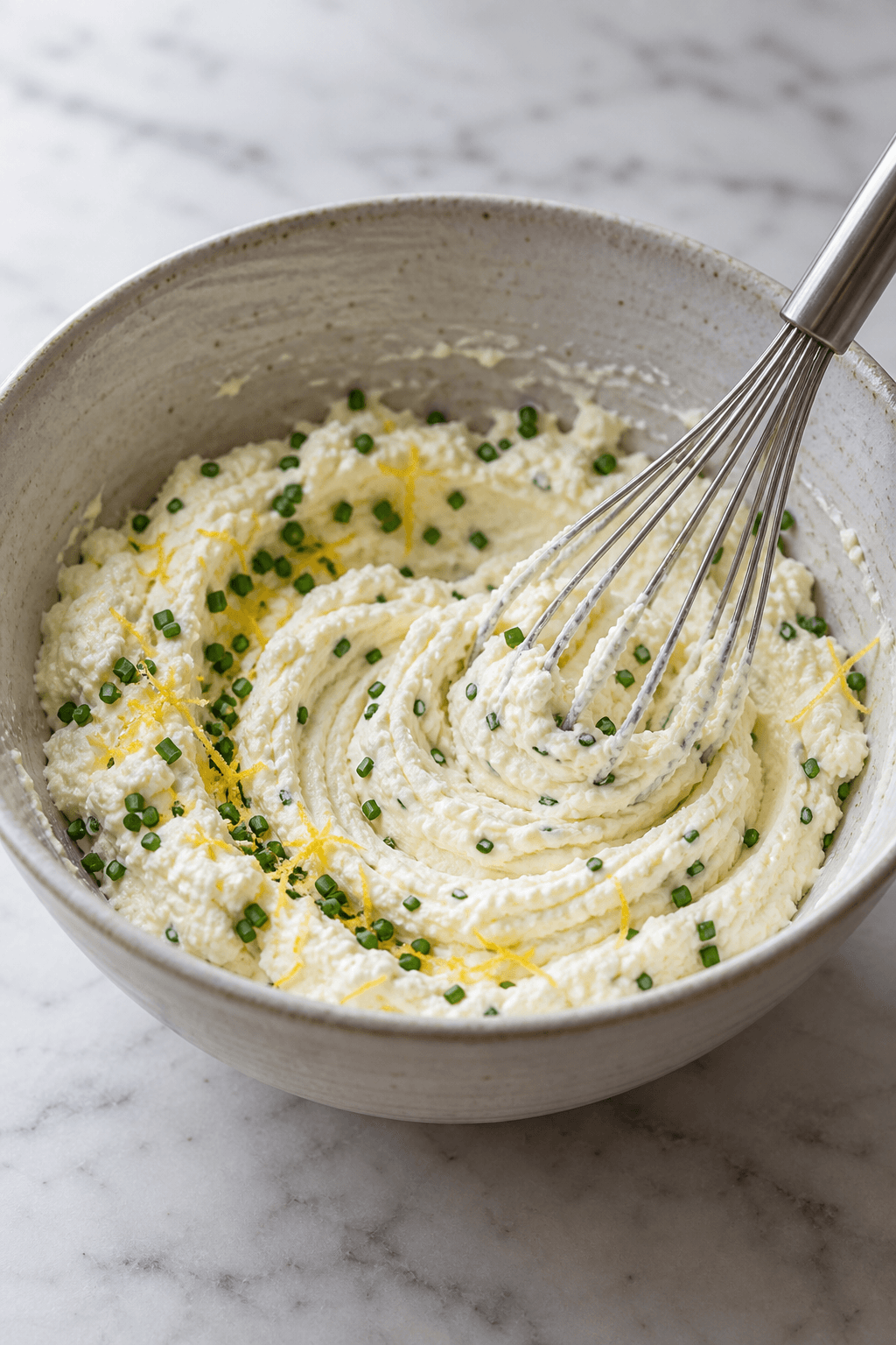 Ricotta piskes med citronskal og purløg i én skål med ét piskeris
