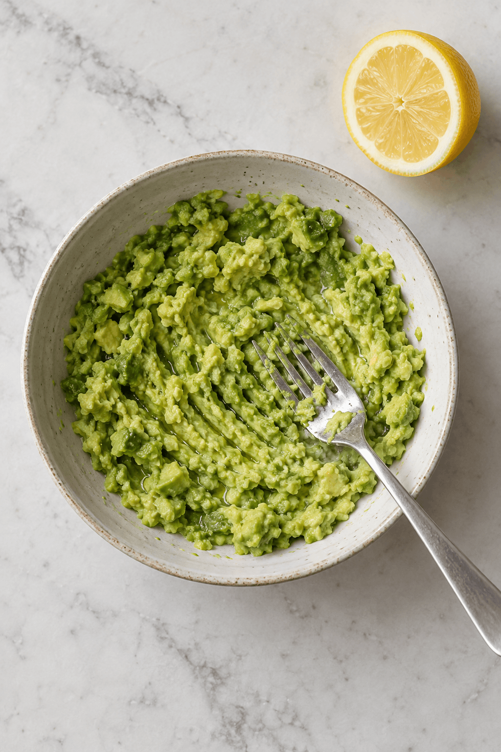 Avocado moses groft med citron i én skål med én gaffel