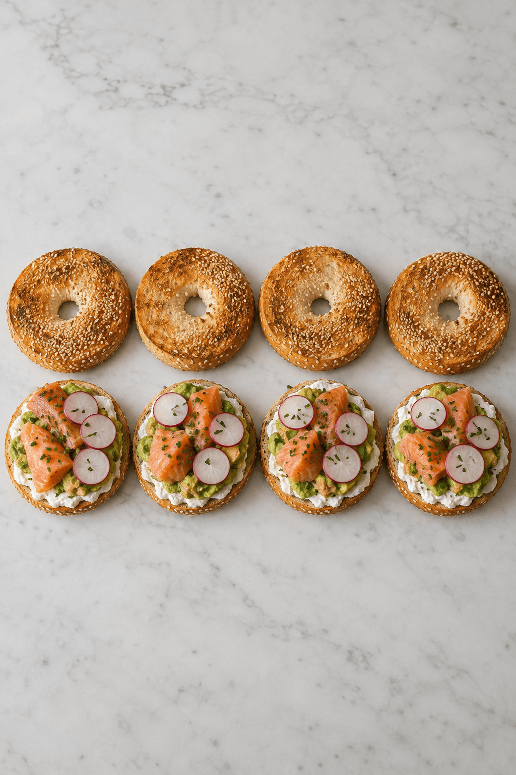 Fire ristede bagelbunde samles med ricotta, avocado, laks, radise og purløg