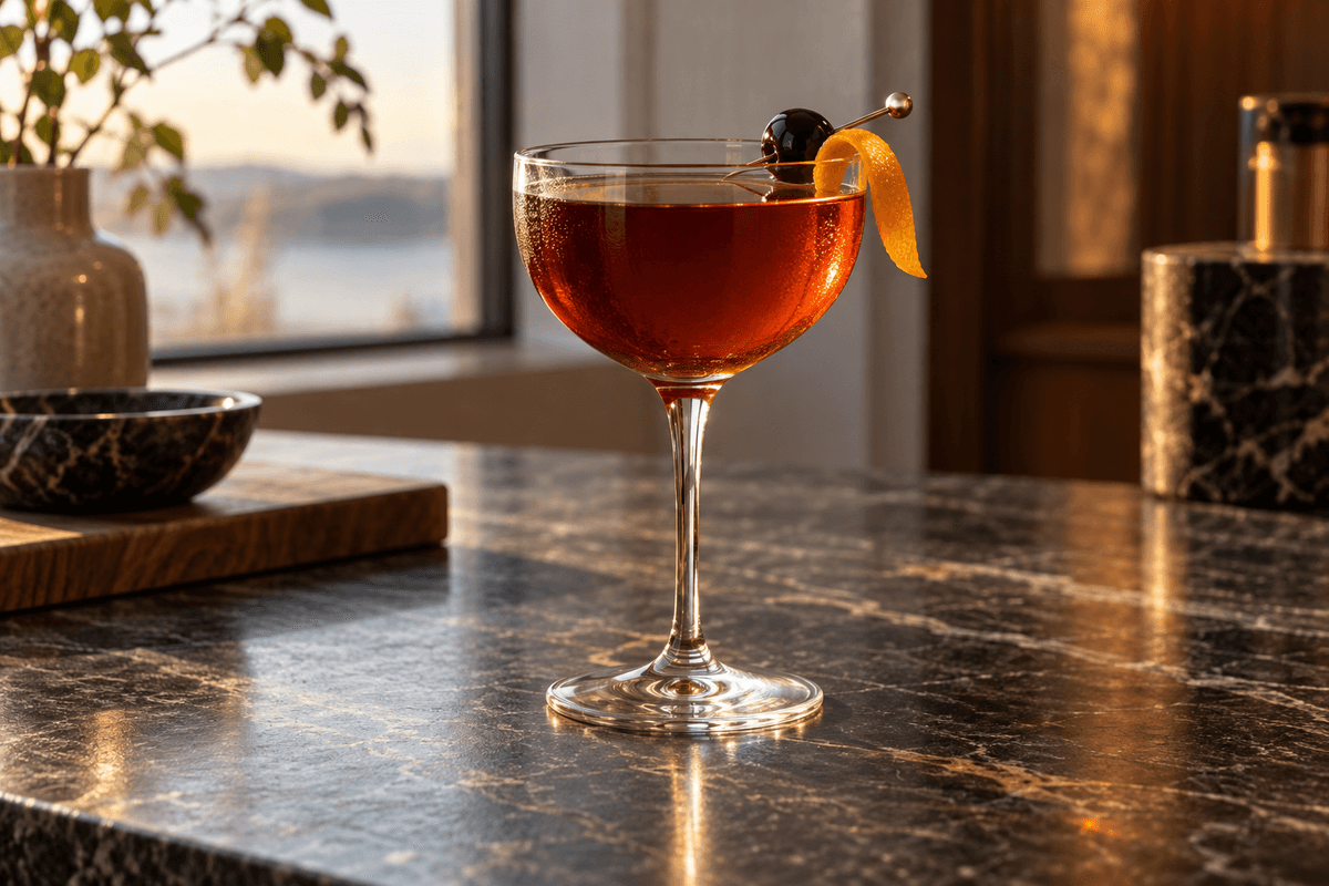 Rob Roy med skotsk whisky, sød vermouth, appelsinskal og cocktailkirsebær
