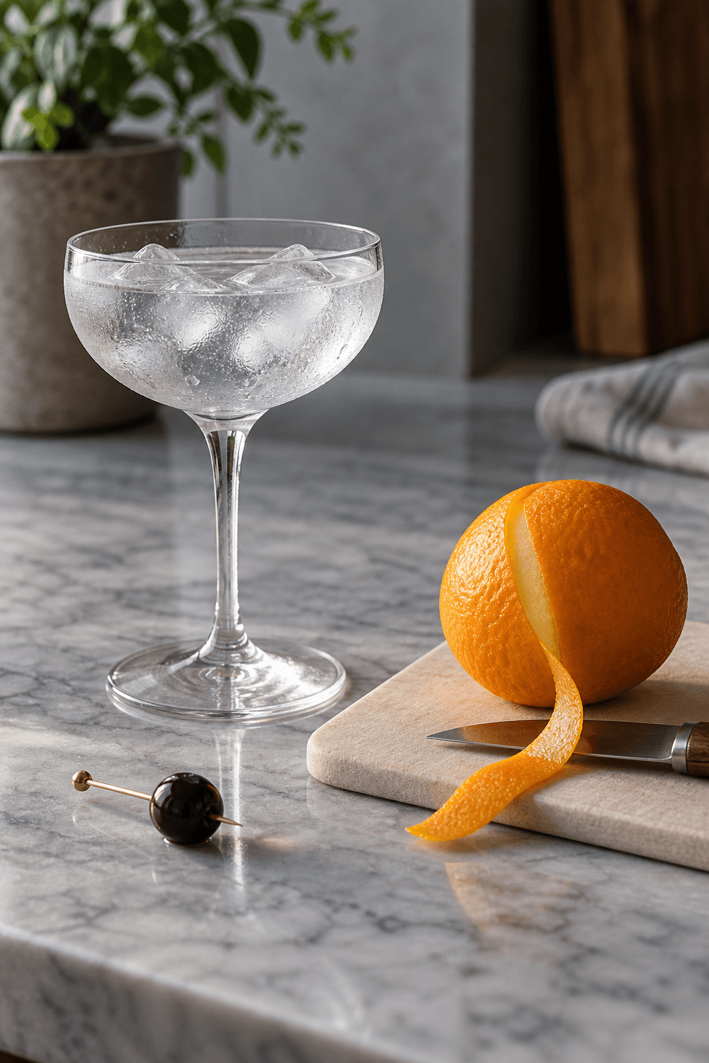 Et cocktailglas køles, mens appelsinskal og ét kirsebær klargøres