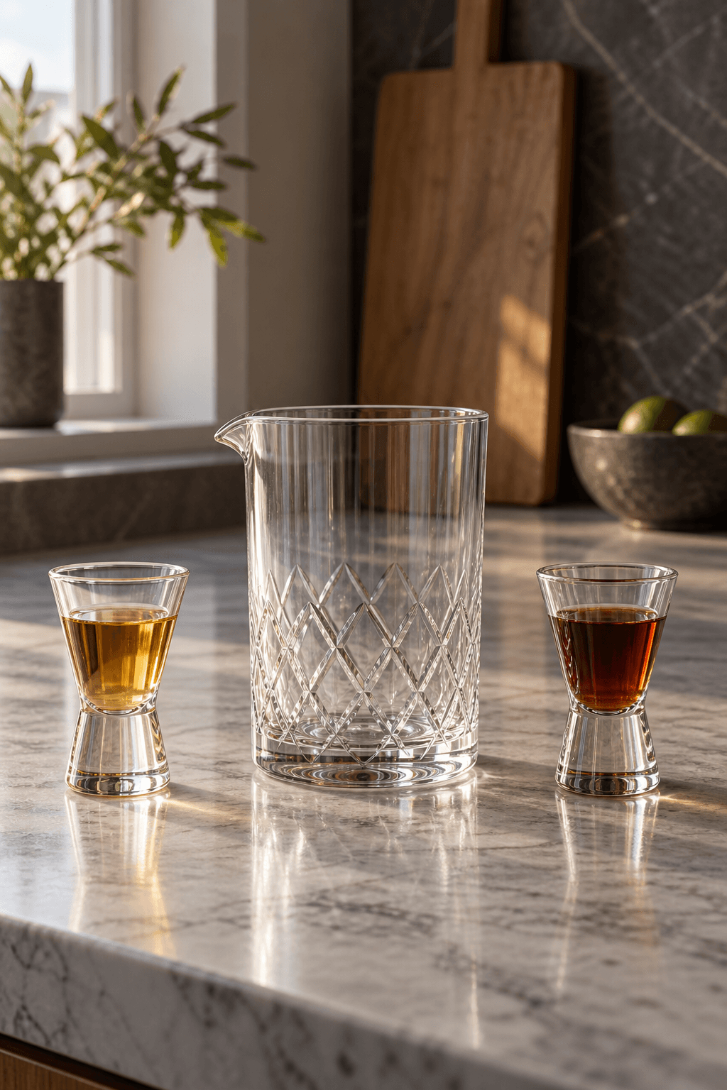 Skotsk whisky og sød vermouth står præcist afmålt ved ét mixingglas