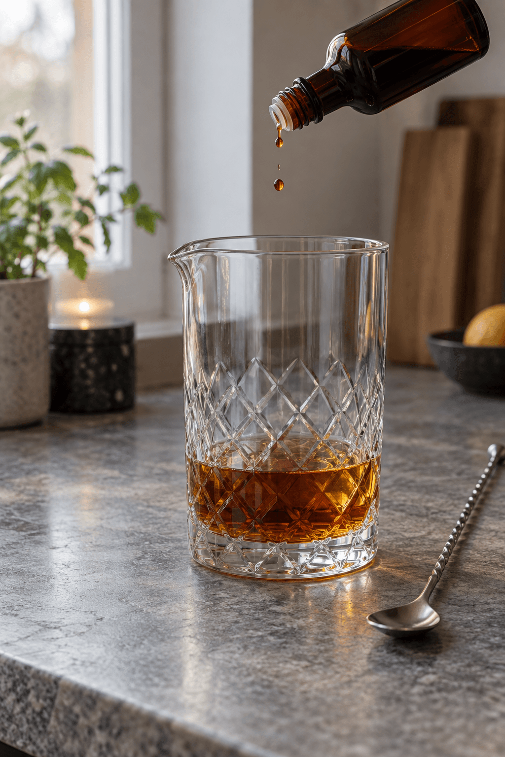 To stænk aromatisk bitter tilsættes Rob Roy-basen i ét mixingglas