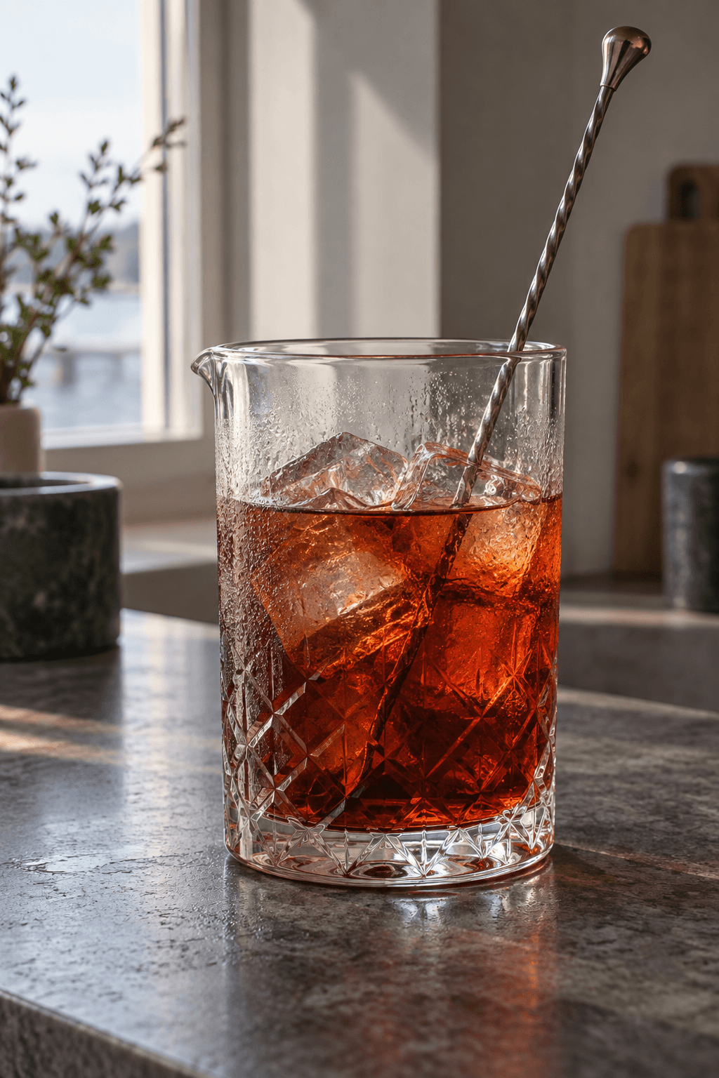 Rob Roy røres iskold med store isterninger i ét mixingglas