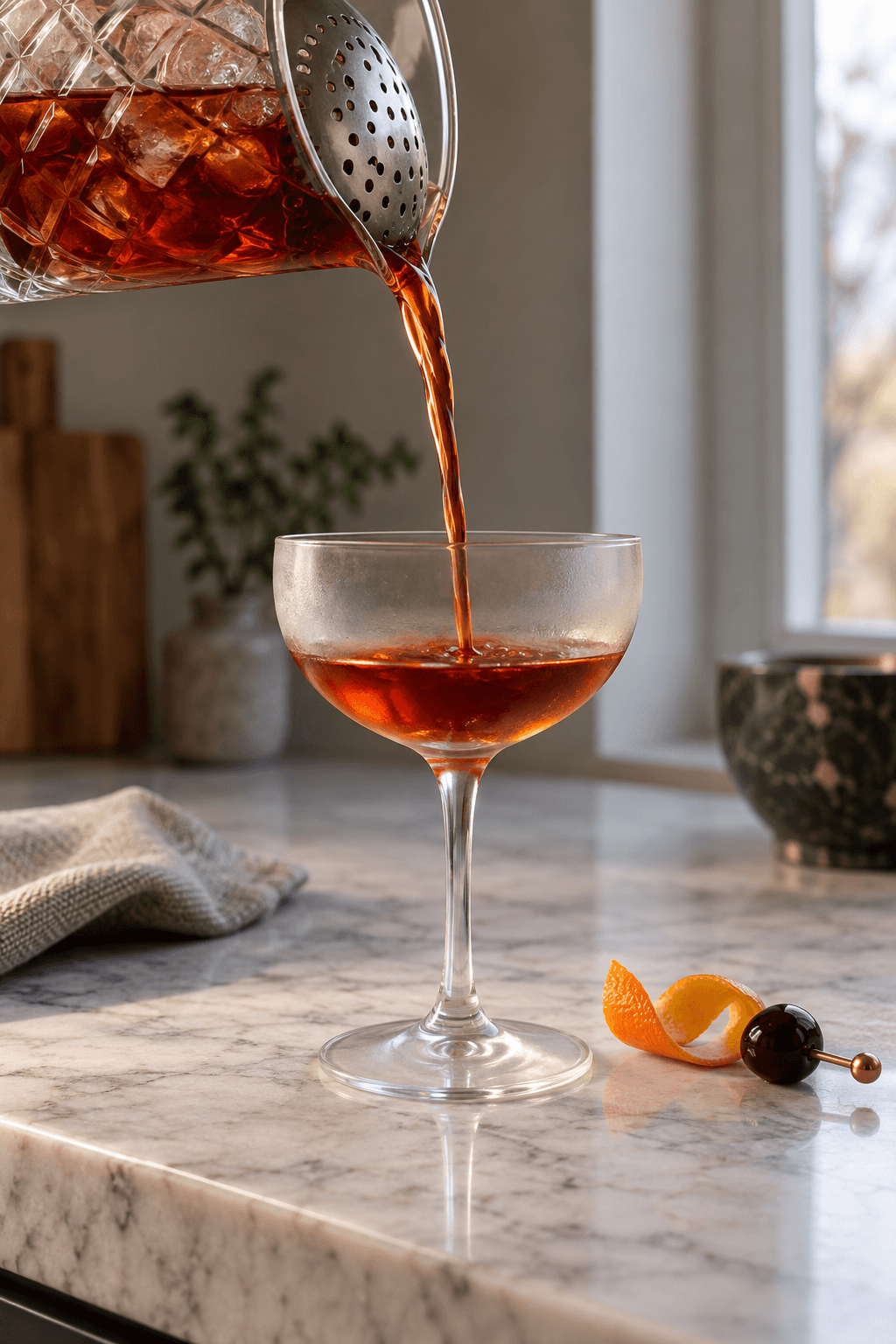Klar Rob Roy sies fra mixingglas til ét afkølet cocktailglas