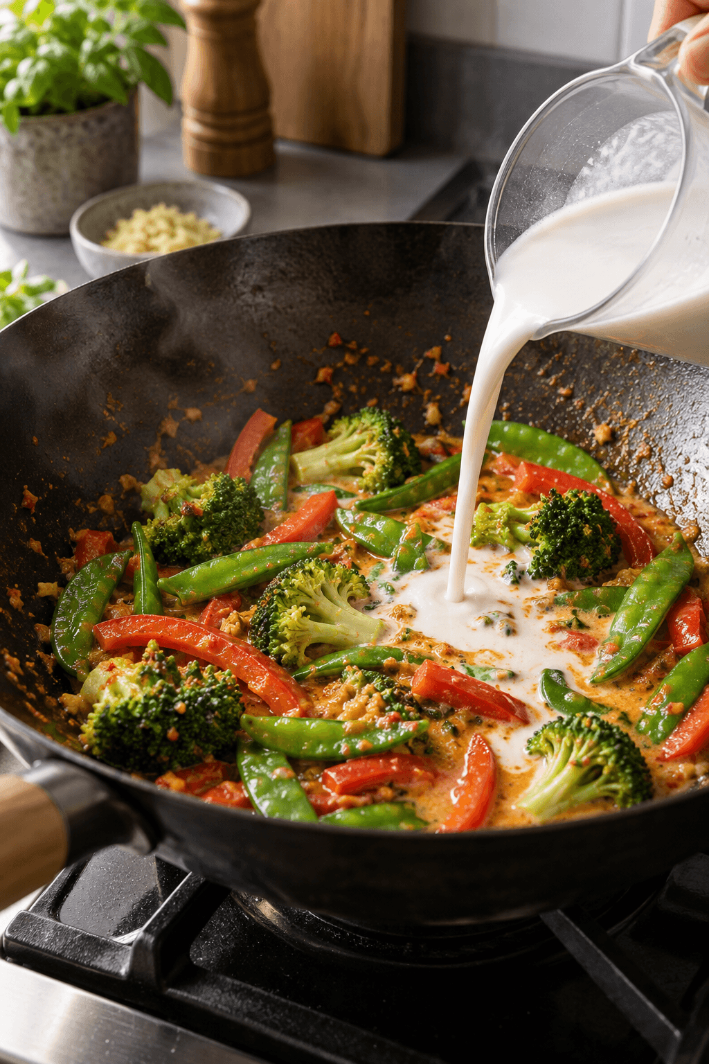 Kokosmælk hældes over rød karry, broccoli, peberfrugt og sukkerærter i wok