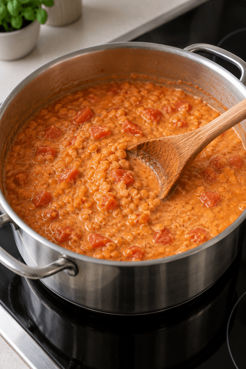 Røde linser, tomat og kokosmælk simrer til en tyk suppe i én gryde