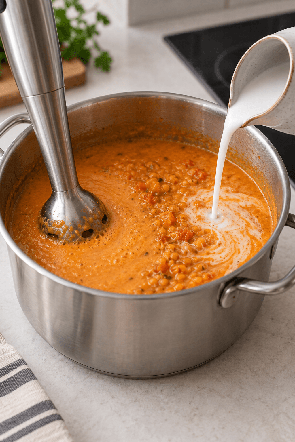 Rød linsesuppe blendes delvist, mens kokosmælk hældes i én gryde