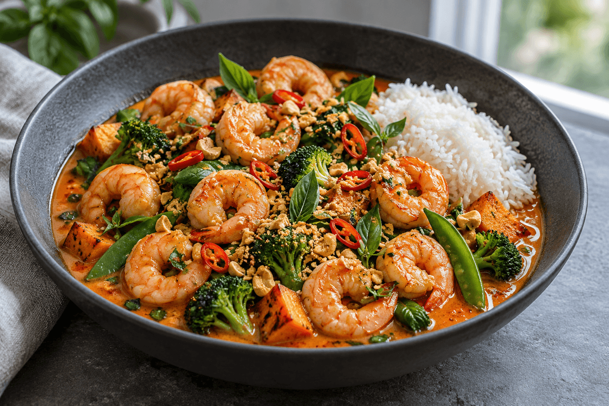 Rød thaicurry med rejer, sød kartoffel, broccoli, jasminris og lime-cashewknas