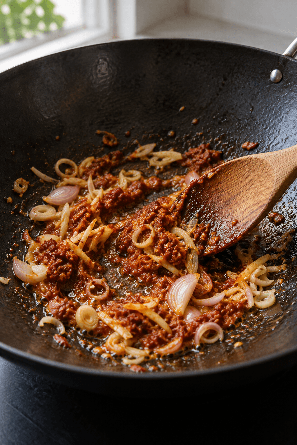 Rød thai-karrypasta ristes med skalotteløg, ingefær og citrongræs i en wok