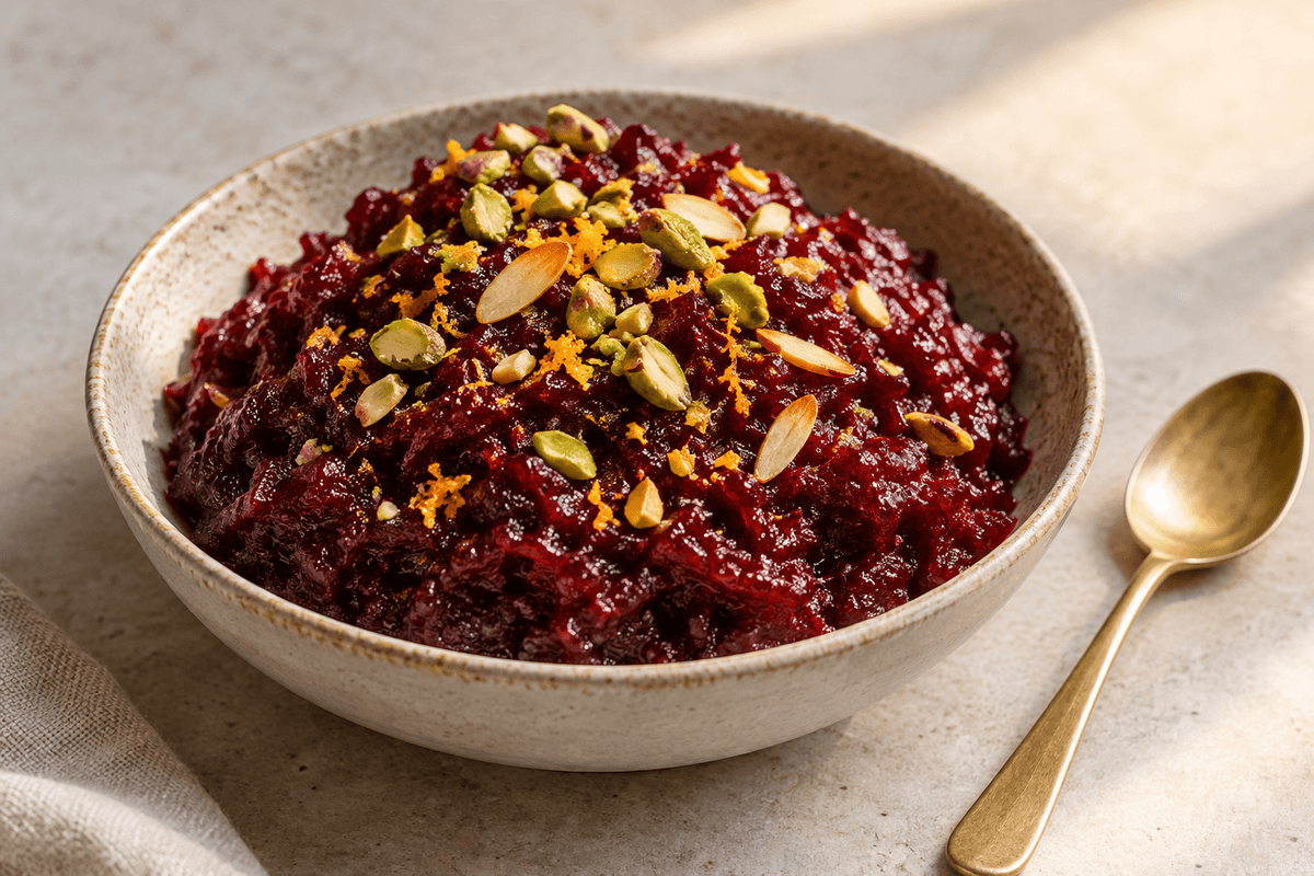 Rødbede-halwa med appelsinskal, pistacier og mandelsplitter i én skål