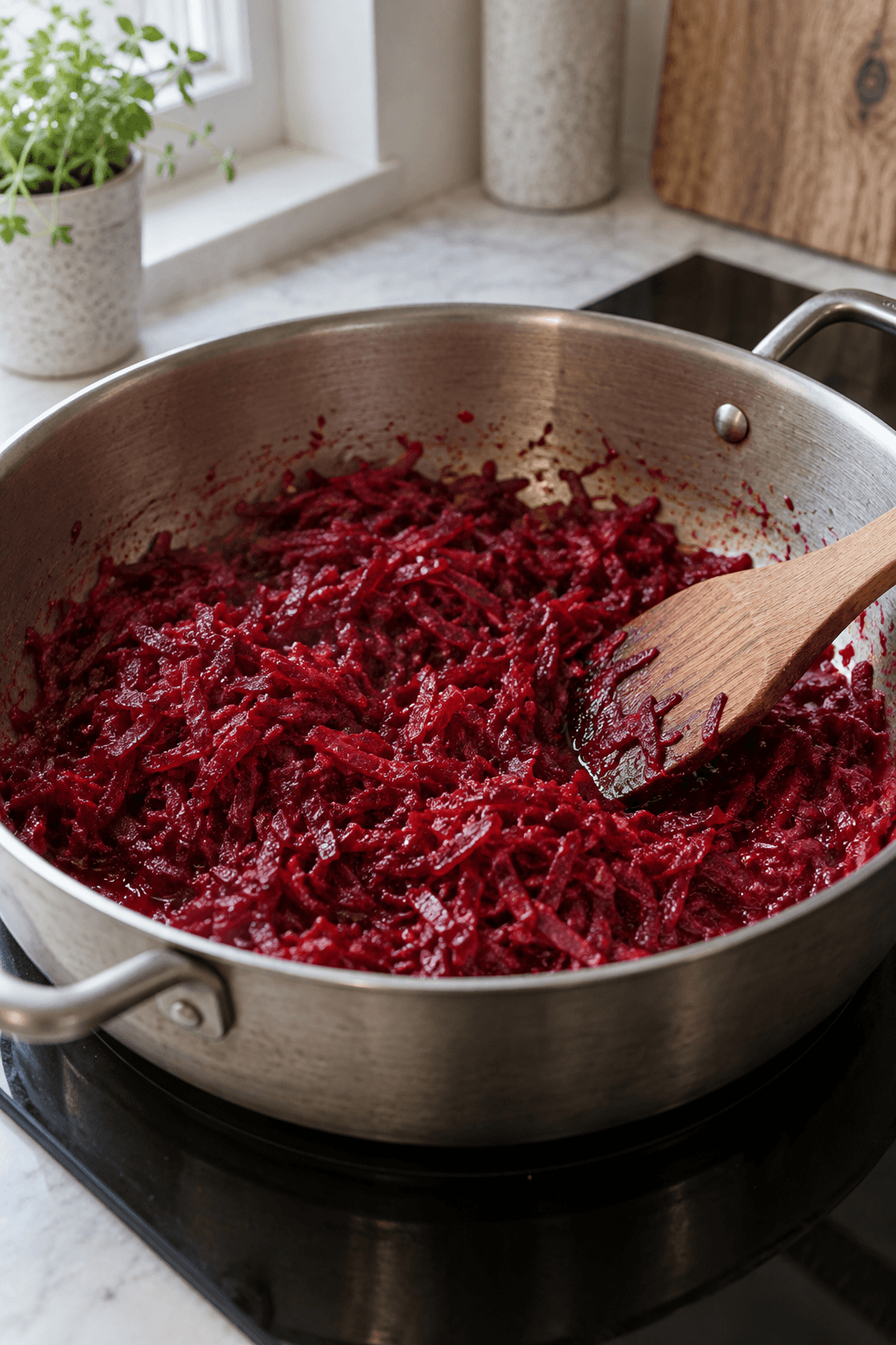 Groftrevet rødbede sauteres blank i ghee i én bred gryde