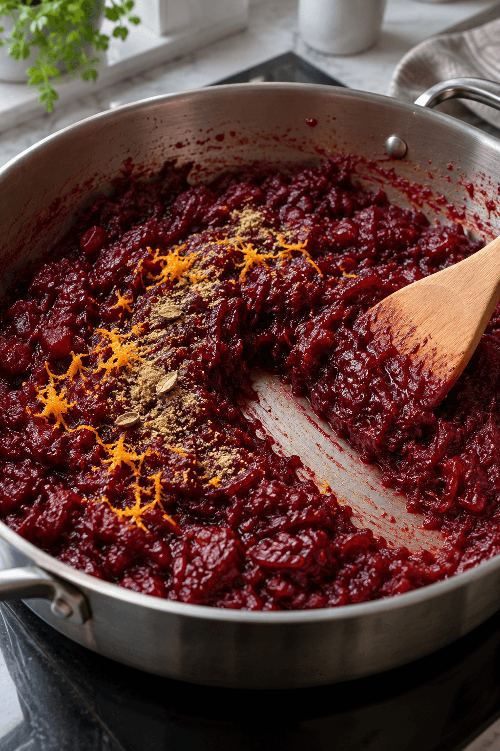 Tyk rødbede-halwa samles med kardemomme og appelsinskal i én gryde