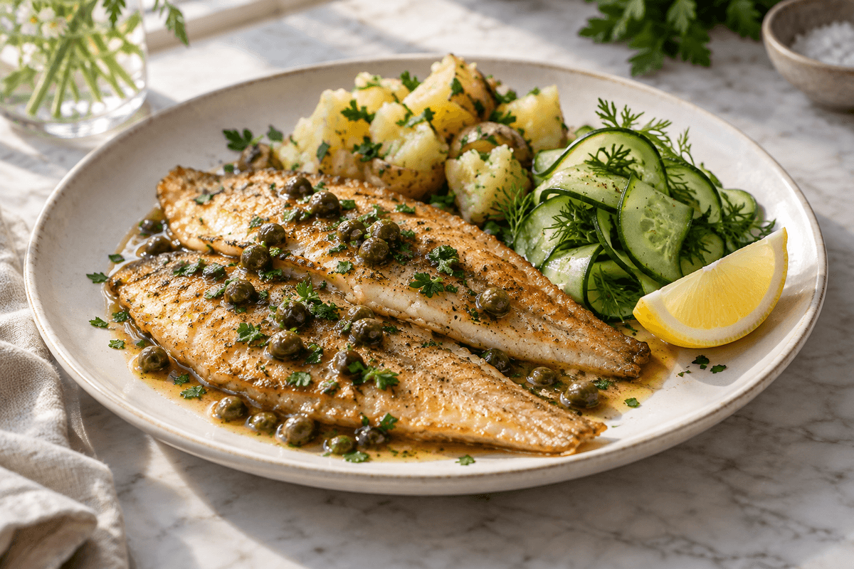 Rødspætte alla mugnaia med citronsmør, kapers, kartofler og agurk