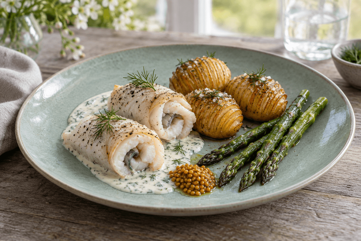 Rødtungeruller med hasselbackkartofler, kærnemælk-dildsauce, asparges og syltede sennepsfrø