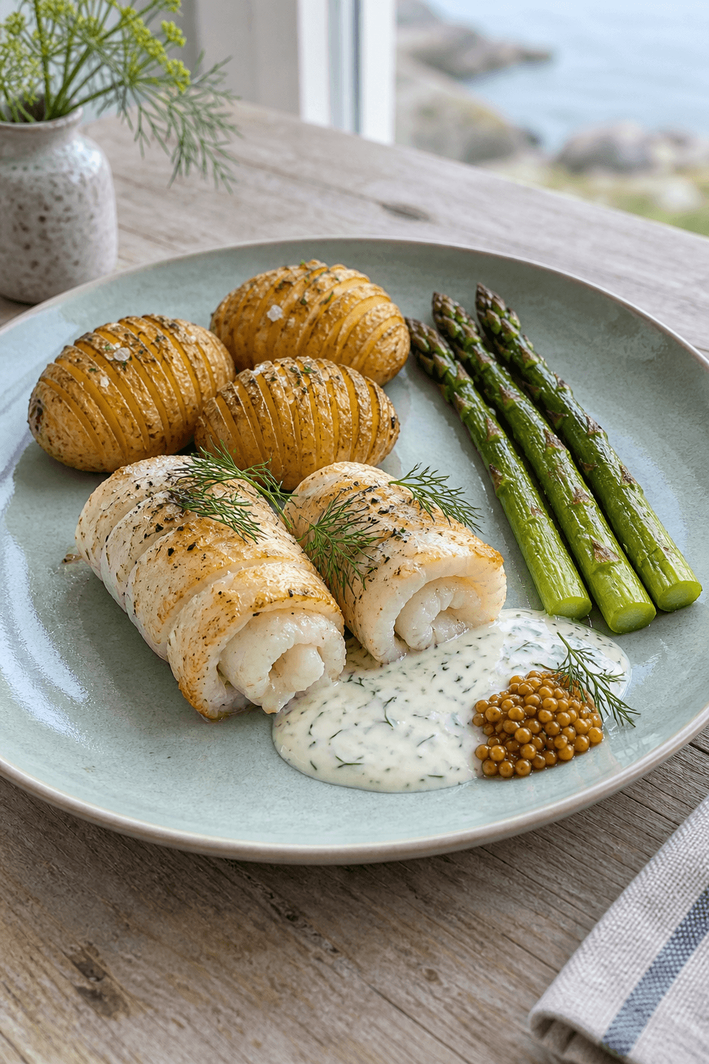 To rødtungeruller med tre hasselbackkartofler, fire asparges, dildsauce og sennepsfrø på én tallerken