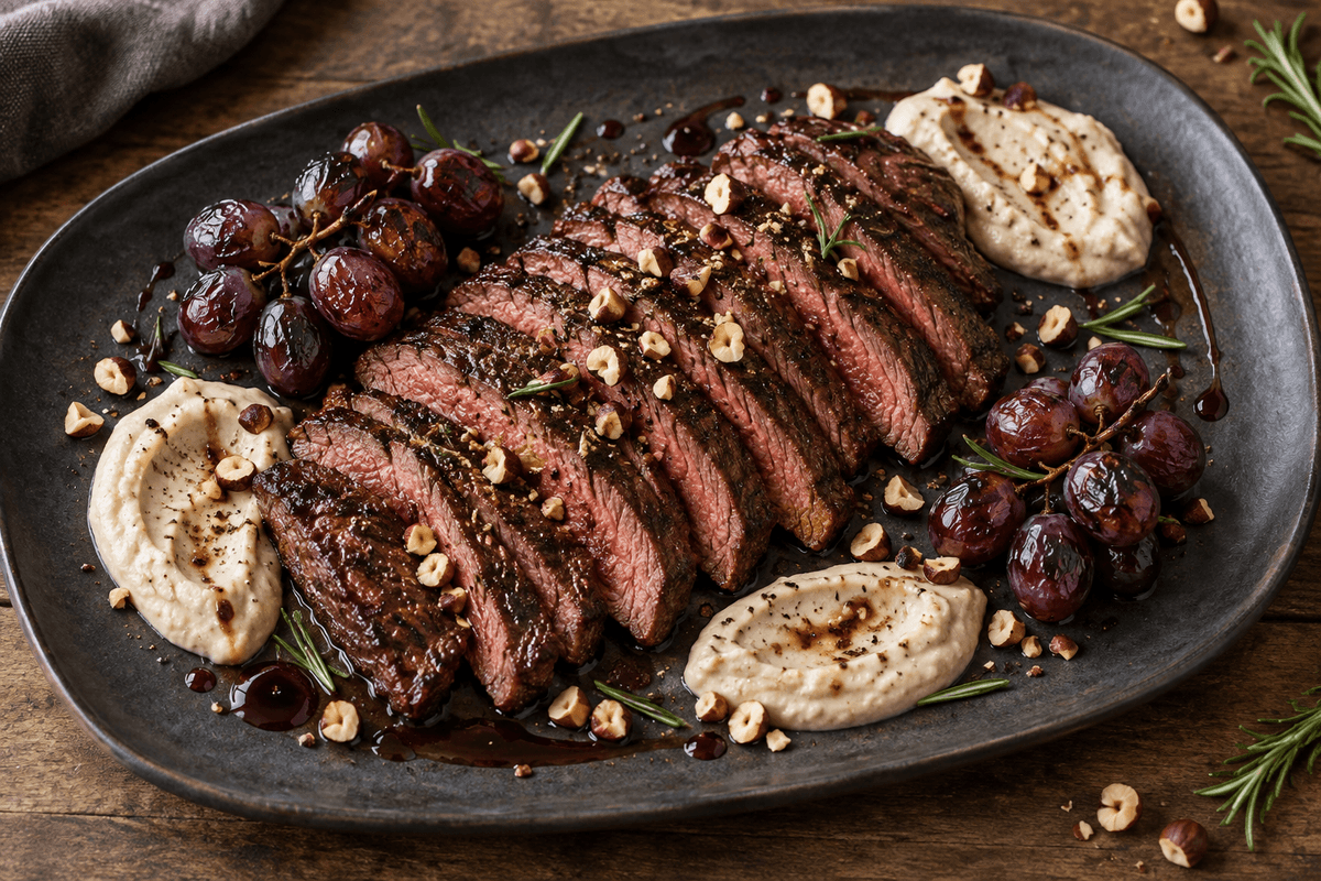 Rødvinsmarineret flanksteak med røget løgcreme, grillede druer og hasselnødder