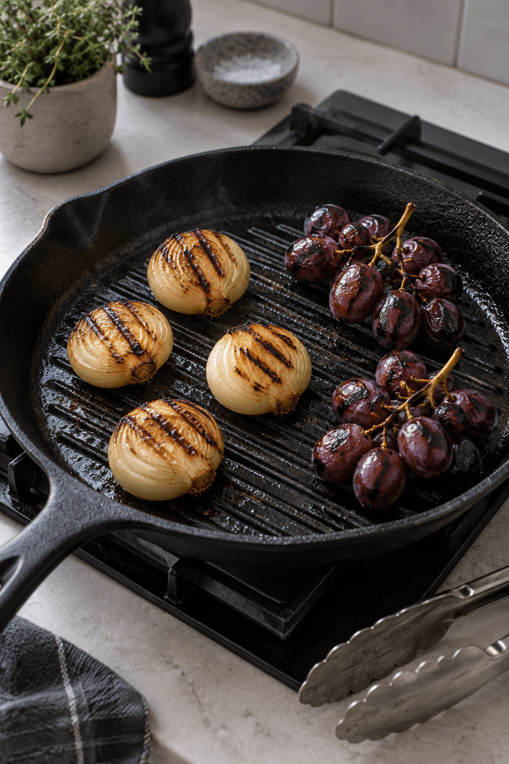 Fire løghalvdele og to små klaser blå druer får grillmærker
