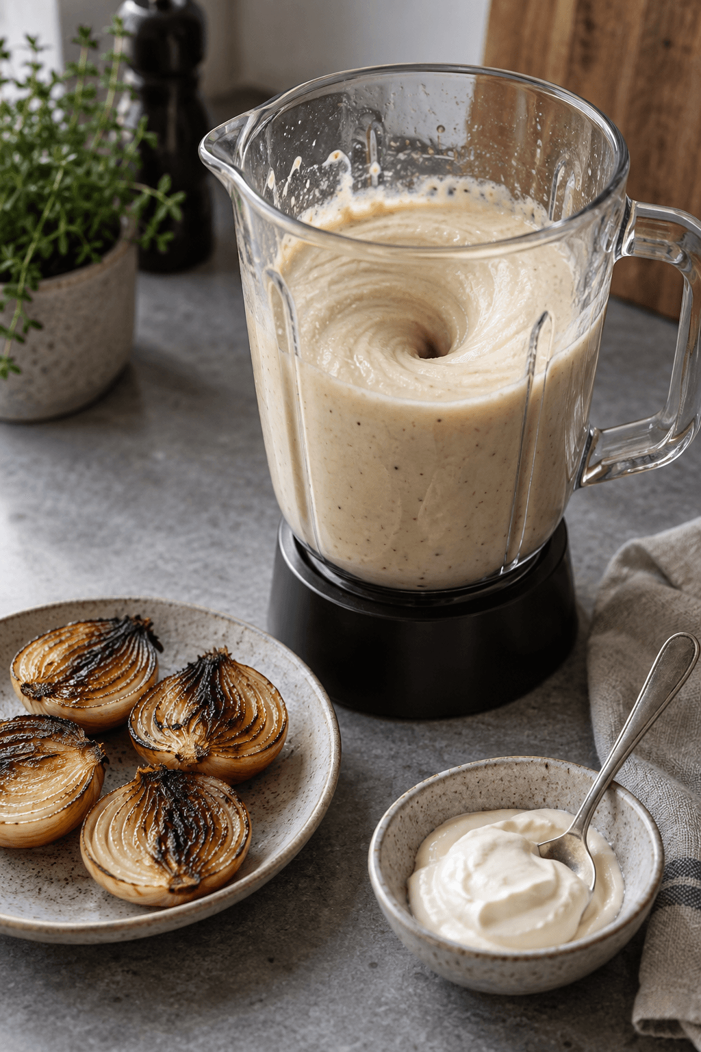 Grillede løg blendes til glat lys løgcreme med crème fraîche