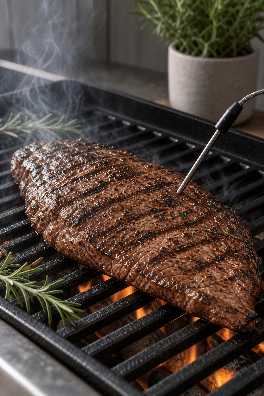 Hel flanksteak med grillmærker og termometer i den tykkeste del