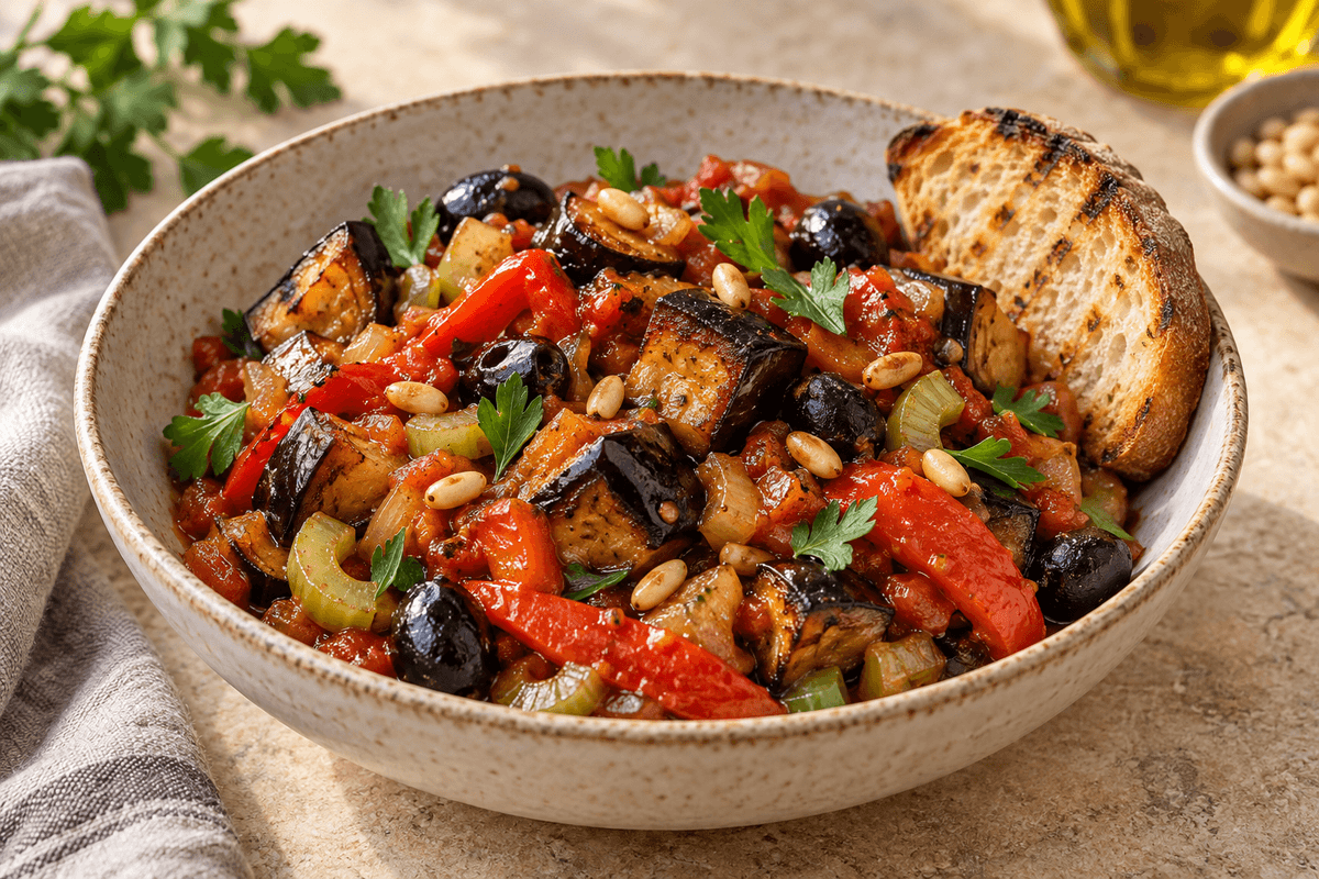 Røget caponata med aubergine, bagt peberfrugt, sorte oliven og pinjekerner