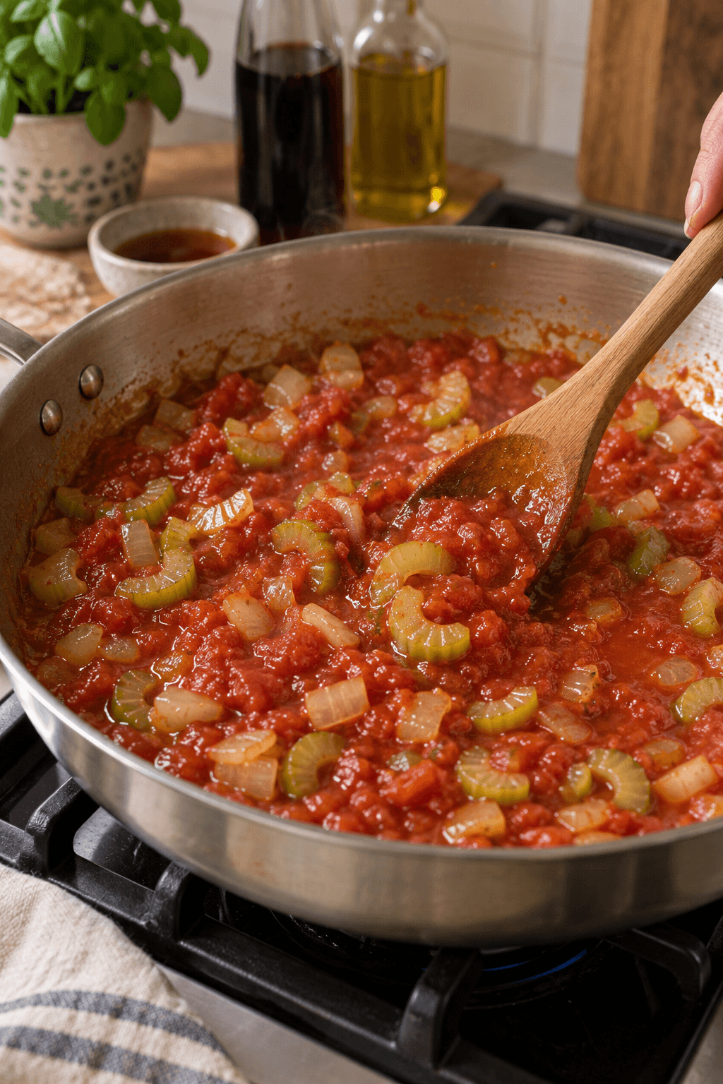 Løg og bladselleri koges i en tyk syrlig-sød tomatsauce