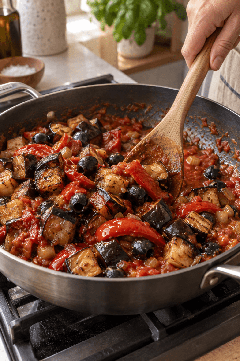 Brunet aubergine, peberfrugt og sorte oliven foldes i tomat-agrodolce