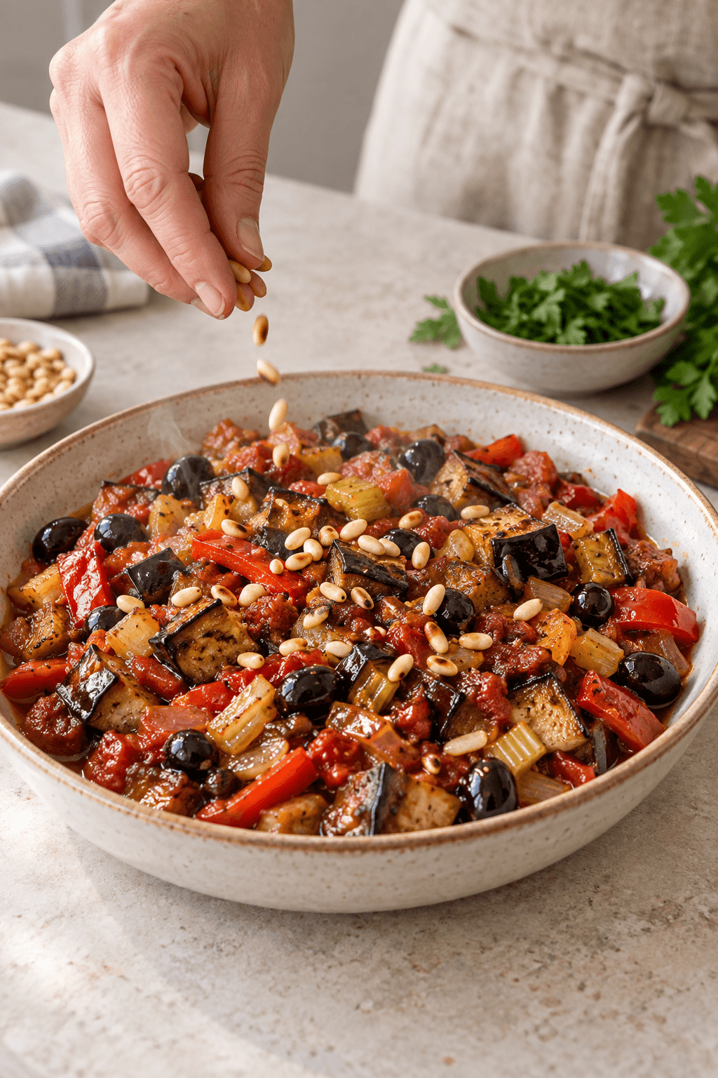 Varm caponata hviler i et fad og afsluttes med ristede pinjekerner
